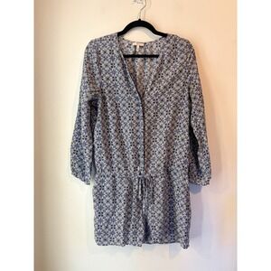 Joie Rialto‎ Short Romper SZ Large Cielo Blue White Floral 100% Silk Long Sleeve